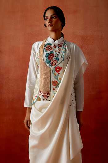 Buy_Jajaabor_Ivory Chanderi Silk Embroidery Mandarin Collar Angarkha Jacket And Kurta Set _Online_at_Aza_Fashions