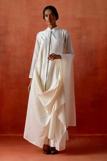 Shop_Jajaabor_Ivory Chanderi Silk Embroidery Mandarin Collar Angarkha Jacket And Kurta Set _Online_at_Aza_Fashions