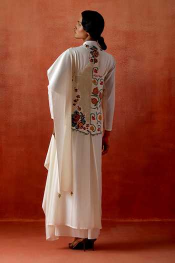Shop_Jajaabor_Ivory Chanderi Silk Embroidery Mandarin Collar Angarkha Jacket And Kurta Set _at_Aza_Fashions