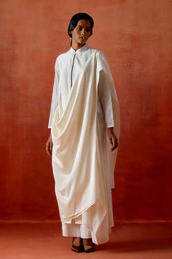 Jajaabor_Ivory Chanderi Silk Embroidery Mandarin Collar Angarkha Jacket And Kurta Set _at_Aza_Fashions