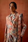 Jajaabor Multi Color Chanderi Silk, Denim Foil Printed Biker Jacket With Draped Dress at Aza Fashions Jajaabor_Multi Color Chanderi Silk, Denim Foil Printed Biker Jacket With Draped Dress _at_Aza_Fashions