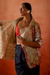 Jajaabor_Gold Tissue, Denim Embroidery, Cut Work Open Neck Trench Jacket And Pant Set _at_Aza_Fashions