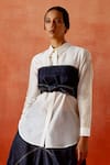 Jajaabor Ivory Silk, Chanderi, Denim Collared Shirt And Barrel Skirt Set Online at Aza Fashions Jajaabor_Ivory Silk, Chanderi, Denim Collared Shirt And Barrel Skirt Set _Online_at_Aza_Fashions