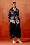 Buy_Jajaabor_Blue Denim, Chanderi Embroidery Collared Biker Jacket Skirt Set _at_Aza_Fashions