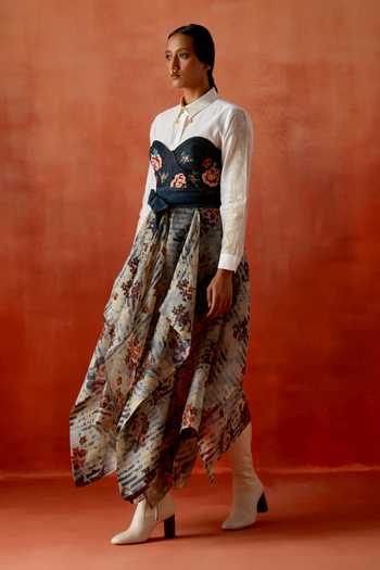Jajaabor_Ivory Organza, Chanderi Embroidery Sweetheart Corset Dress With Shirt _Online_at_Aza_Fashions