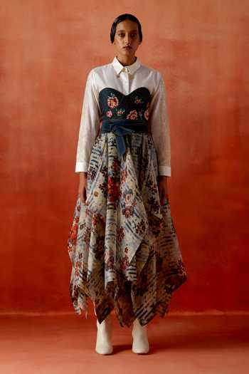 Buy_Jajaabor_Ivory Organza, Chanderi Embroidery Sweetheart Corset Dress With Shirt _at_Aza_Fashions