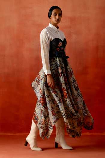 Buy_Jajaabor_Ivory Organza, Chanderi Embroidery Sweetheart Corset Dress With Shirt _Online_at_Aza_Fashions