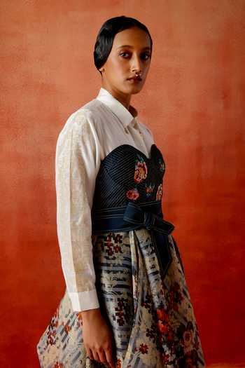 Shop_Jajaabor_Ivory Organza, Chanderi Embroidery Sweetheart Corset Dress With Shirt _Online_at_Aza_Fashions