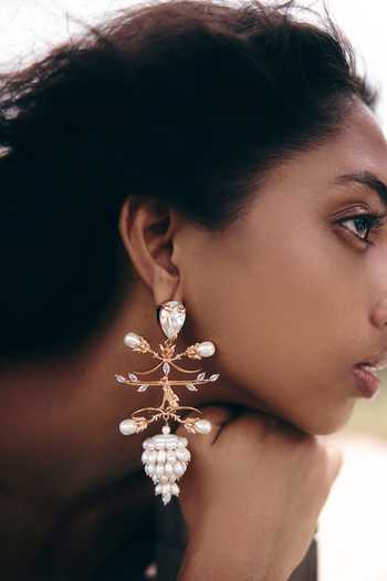 Buy_Outhouse_Gold Plated Crown Of Pearls Embellished Earrings _Online_at_Aza_Fashions