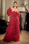 Buy_Supria Munjal_Wine Tulle Sweetheart Neck, Off-shoulder Off Layered Gown _at_Aza_Fashions