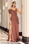 Buy Supria Munjal Brown Crepe Embroidery, Beads, Metallic Thread Assymetrical Sculpted Draped Gown at Aza Fashions Buy_Supria Munjal_Brown Crepe Embroidery, Beads, Metallic Thread Assymetrical Sculpted Draped Gown _at_Aza_Fashions