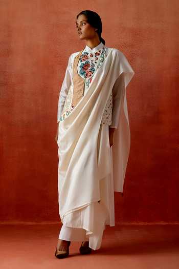 Buy_Jajaabor_Ivory Chanderi Silk Embroidery Mandarin Collar Angarkha Jacket And Kurta Set _at_Aza_Fashions