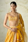 Gopi Vaid_Yellow Tussar, Organza Embroidery, Zari, Sequins Square Neck Samia Lehenga Set _Online_at_Aza_Fashions