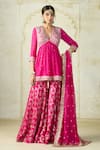 Buy_Gopi Vaid_Pink Tussar, Georgette Embroidery, Zari, Sequins Rida Peplum Kurta Sharara Set _at_Aza_Fashions