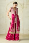 Gopi Vaid_Pink Tussar Embroidery, Tassels V-neck, Square Sana Floral Jacket Palazzo Set _Online_at_Aza_Fashions