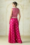 Shop Gopi Vaid Pink Tussar V-neck Mizna Geometric Pattern Vest And Palazzo Set at Aza Fashions Shop_Gopi Vaid_Pink Tussar V-neck Mizna Geometric Pattern Vest And Palazzo Set _at_Aza_Fashions