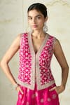 Shop Gopi Vaid Pink Tussar V-neck Mizna Geometric Pattern Vest And Palazzo Set Online at Aza Fashions Shop_Gopi Vaid_Pink Tussar V-neck Mizna Geometric Pattern Vest And Palazzo Set _Online_at_Aza_Fashions