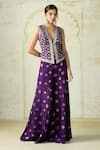 Buy_Gopi Vaid_Purple Tussar Embroidery V-neck Mizna Geometric Vest And Palazzo Set _at_Aza_Fashions