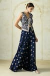 Gopi Vaid_Blue Tussar Embroidery V-neck Mizna Abstract Vest And Palazzo Set _Online_at_Aza_Fashions