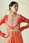 Gopi Vaid_Orange Tussar, Linen, Satin, Organza Wajiha Floral Stripe Anarkali Set _Online_at_Aza_Fashions