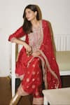 Gopi Vaid_Red Tussar, Organza Embroidery, Zari, Sequins Misha Floral Kurta Salwar Set _Online_at_Aza_Fashions