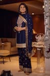Shop_Gopi Vaid_Blue Tussar, Net Embroidery, Zari, Sequins Round Mahiz Floral Yoke Kurta Set _at_Aza_Fashions
