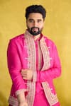 Shop_Gopi Vaid_Pink Tussar Embroidery, Metallic Thread Nasir Bundi And Kurta Set _at_Aza_Fashions