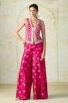 Buy Gopi Vaid Pink Tussar V-neck Mizna Geometric Pattern Vest And Palazzo Set at Aza Fashions Buy_Gopi Vaid_Pink Tussar V-neck Mizna Geometric Pattern Vest And Palazzo Set _at_Aza_Fashions
