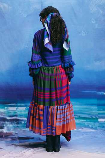 Shop_ZiP by Payal & Zinal_Multi Color Georgette V-neck Azure Checkered Dress _at_Aza_Fashions