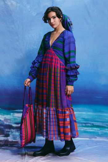 ZiP by Payal & Zinal_Multi Color Georgette V-neck Azure Checkered Dress _Online_at_Aza_Fashions