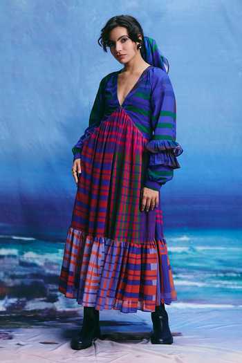 Buy_ZiP by Payal & Zinal_Multi Color Georgette V-neck Azure Checkered Dress _at_Aza_Fashions