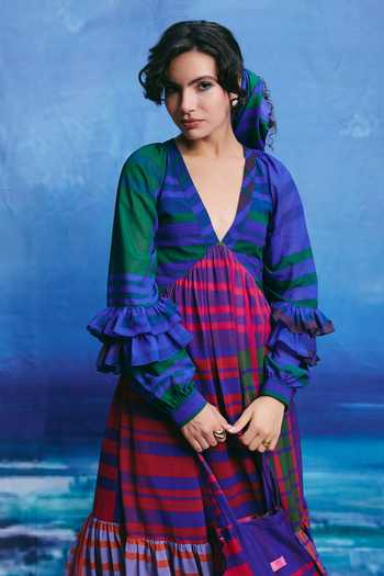 Shop_ZiP by Payal & Zinal_Multi Color Georgette V-neck Azure Checkered Dress _Online_at_Aza_Fashions