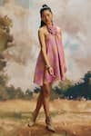 Shop_ZiP by Payal & Zinal_Pink Linen, Cotton Fabric Flowers Halter Neck Flora Breezy Mini Dress _Online_at_Aza_Fashions