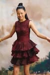 ZiP by Payal & Zinal_Burgundy Organza Round Neck Deep Current Tiered Ruffled Dress _Online_at_Aza_Fashions