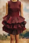 Shop_ZiP by Payal & Zinal_Burgundy Organza Round Neck Deep Current Tiered Ruffled Dress _Online_at_Aza_Fashions