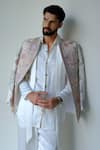 Shop_Jatin Malik_Ivory Linen, Silk Piping, Embroidery, Blush Pink Divine Short Jacket And Kurta Set _at_Aza_Fashions