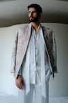 Buy_Jatin Malik_Ivory Linen, Silk Piping, Embroidery, Blush Pink Divine Short Jacket And Kurta Set _Online_at_Aza_Fashions