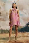 Buy_ZiP by Payal & Zinal_Pink Linen, Cotton Fabric Flowers Halter Neck Flora Breezy Mini Dress _at_Aza_Fashions
