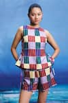 Buy_ZiP by Payal & Zinal_Multi Color Linen Round Neck Echo Checkered Top And Shorts Co-ord Set _at_Aza_Fashions