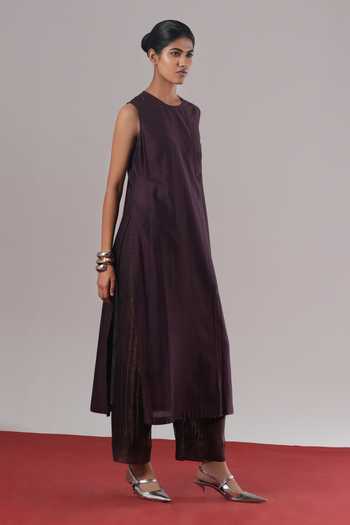 Buy_Urvashi Kaur_Purple Chanderi Silk Zari Round Neck Mira Sleeveless Tunic _at_Aza_Fashions