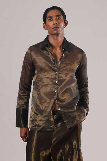 Buy_Urvashi Kaur_Black Tissue, Silk Lena Striped Woven Shirt _at_Aza_Fashions