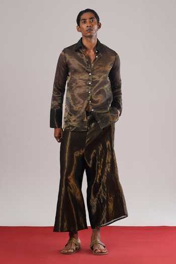 Buy_Urvashi Kaur_Black Tissue, Silk Lena Striped Woven Shirt _Online_at_Aza_Fashions