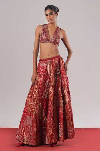 Shop_Urvashi Kaur_Red Brocade, Tussar, Silk, Tissue Zari V-neck Athena Woven Bralette _Online_at_Aza_Fashions