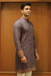 Shop_Char Chaand_Blue Linen, Silk Embroidery Ikat Heritage Kurta _Online_at_Aza_Fashions