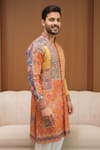 Char Chaand Orange Linen, Silk Sunset Patchwork Heritage Kurta Online at Aza Fashions Char Chaand_Orange Linen, Silk Sunset Patchwork Heritage Kurta _Online_at_Aza_Fashions