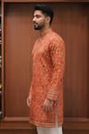Char Chaand_Orange Linen, Silk Foil Printing Printed Classic Kurta _Online_at_Aza_Fashions