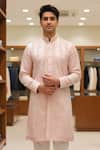 Char Chaand_Pink Linen, Silk Embroidery Blush Kurta _at_Aza_Fashions
