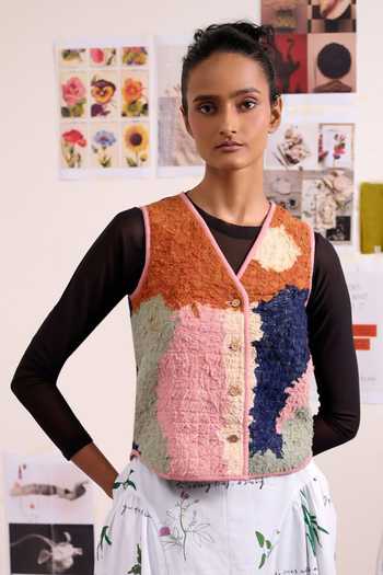 Shop_Doodlage_Multi Color Cotton V-neck Mirae Textured Jacket _at_Aza_Fashions