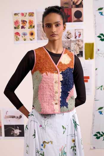 Buy_Doodlage_Multi Color Cotton V-neck Mirae Textured Jacket _at_Aza_Fashions