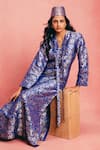 Buy_Ekaya Banaras_Blue Silk Zari V-neck Handwoven Banarasi Kaftan _at_Aza_Fashions
